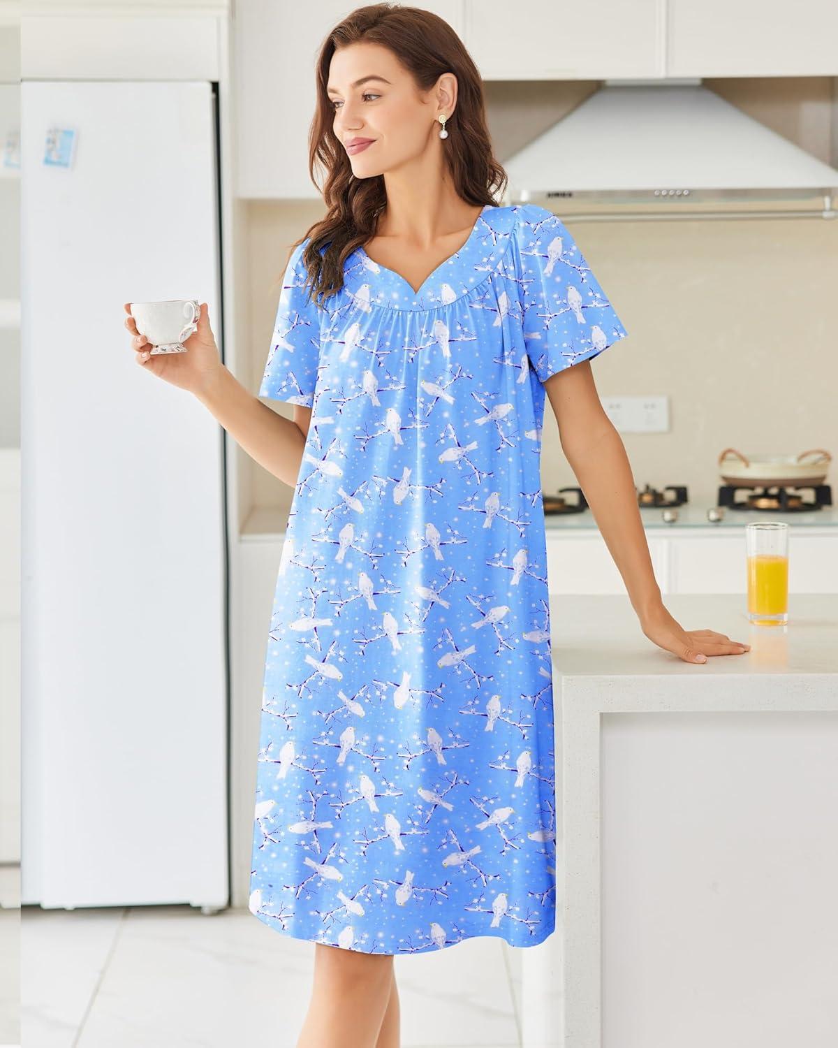 imageEkouaer Nightgowns for Women Cotton Nightgown House Dress with Pockets Short Sleeve Mumu Dress Embroidered Lounge DressBlue Pigeon
