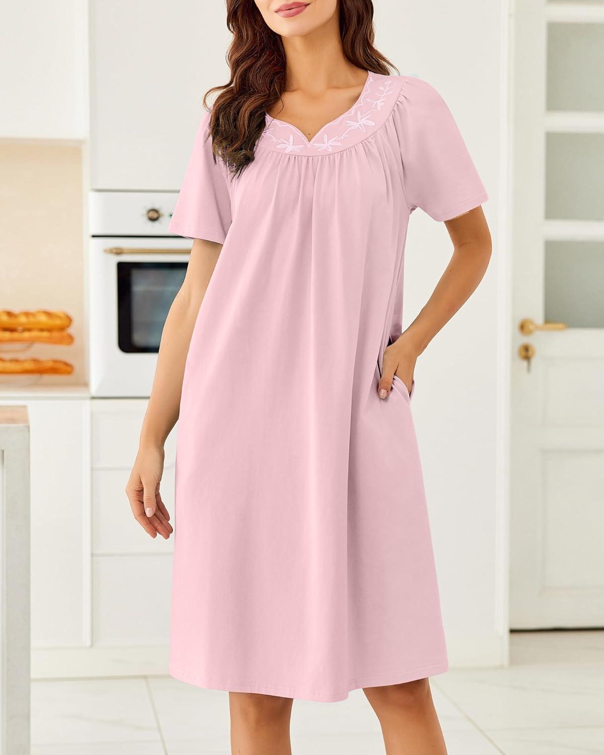imageEkouaer Nightgowns for Women Cotton Nightgown House Dress with Pockets Short Sleeve Mumu Dress Embroidered Lounge DressDeep Pink
