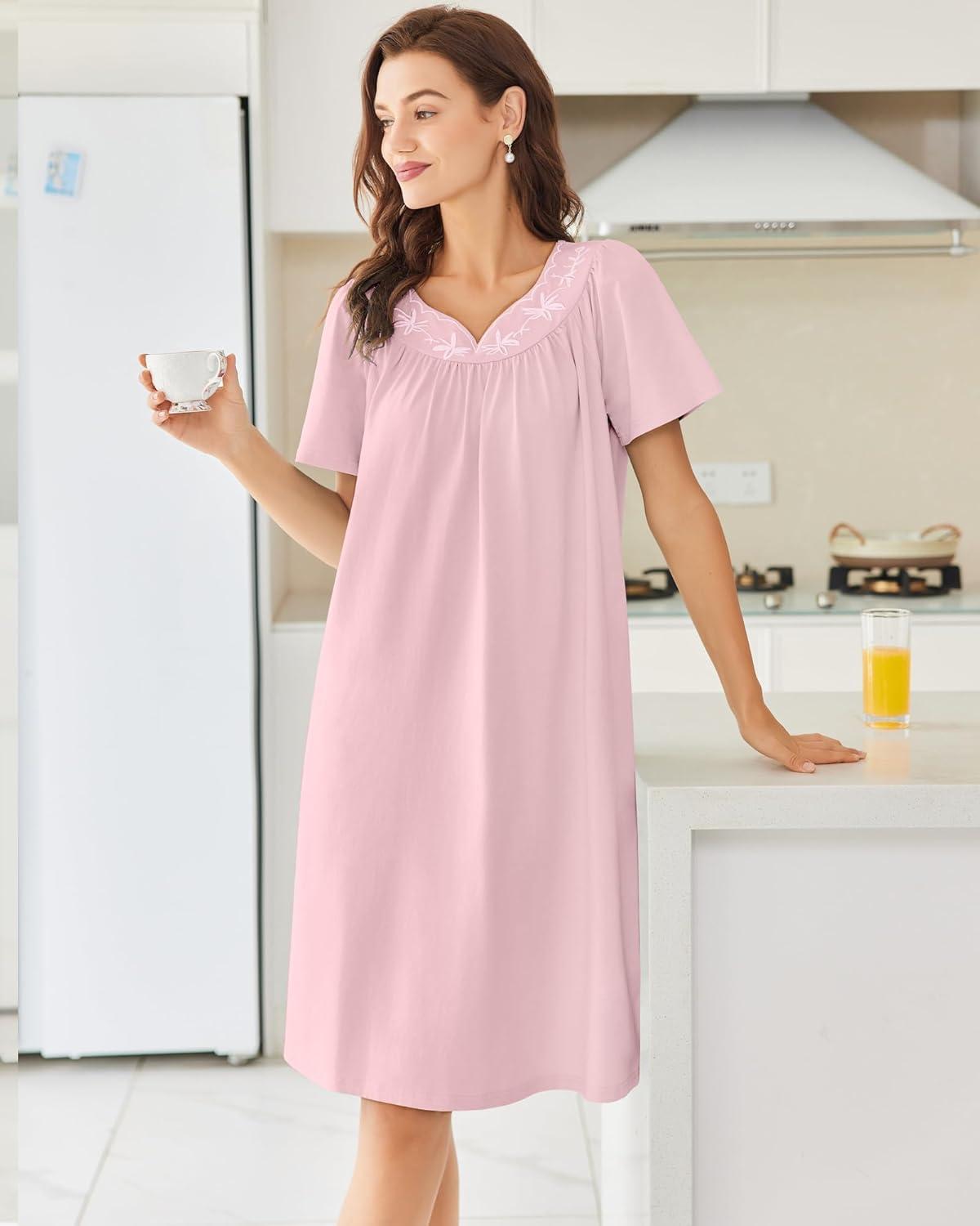 imageEkouaer Nightgowns for Women Cotton Nightgown House Dress with Pockets Short Sleeve Mumu Dress Embroidered Lounge DressDeep Pink