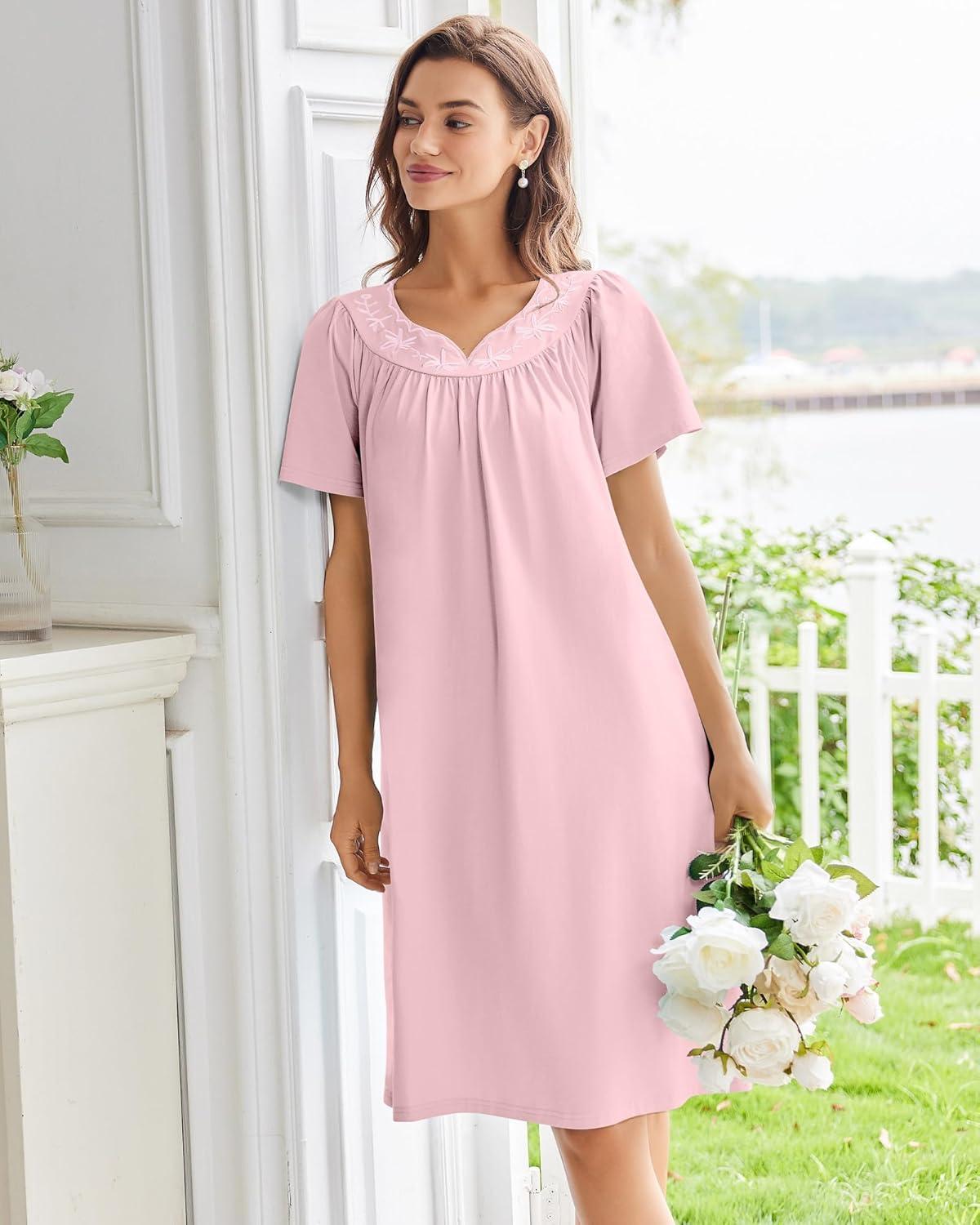 imageEkouaer Nightgowns for Women Cotton Nightgown House Dress with Pockets Short Sleeve Mumu Dress Embroidered Lounge DressDeep Pink