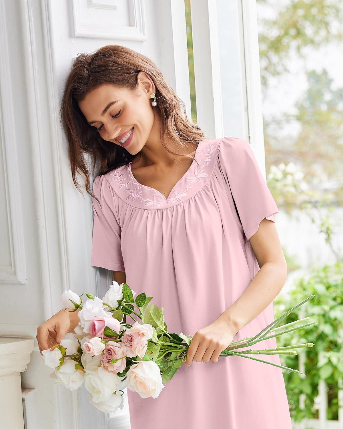 imageEkouaer Nightgowns for Women Cotton Nightgown House Dress with Pockets Short Sleeve Mumu Dress Embroidered Lounge DressDeep Pink