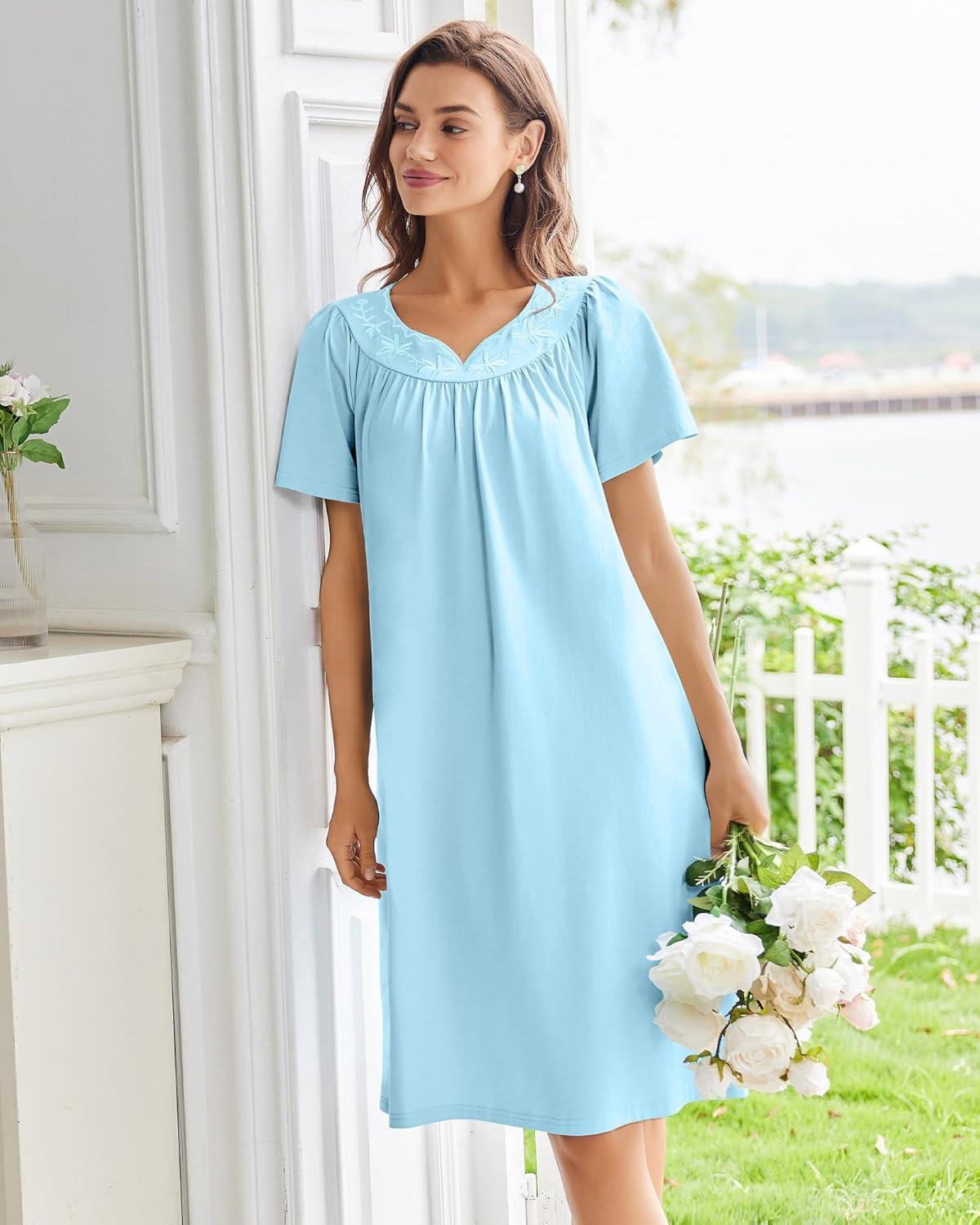 imageEkouaer Nightgowns for Women Cotton Nightgown House Dress with Pockets Short Sleeve Mumu Dress Embroidered Lounge DressLight Blue
