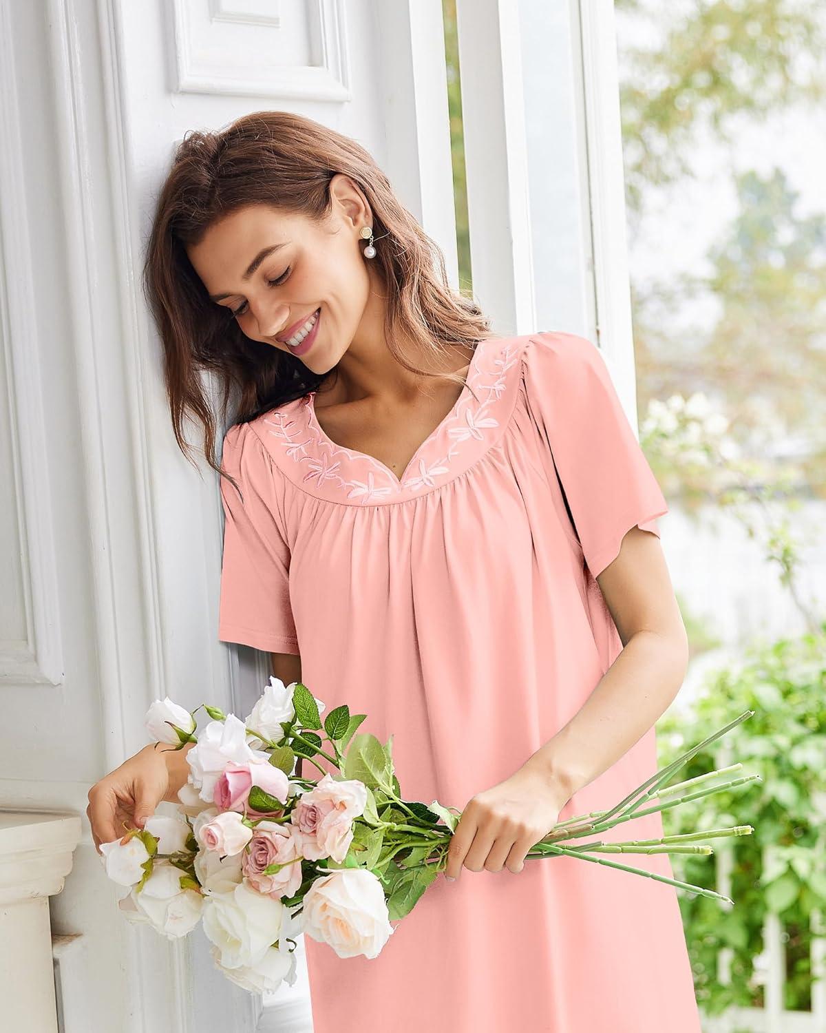 imageEkouaer Nightgowns for Women Cotton Nightgown House Dress with Pockets Short Sleeve Mumu Dress Embroidered Lounge DressLight Pink