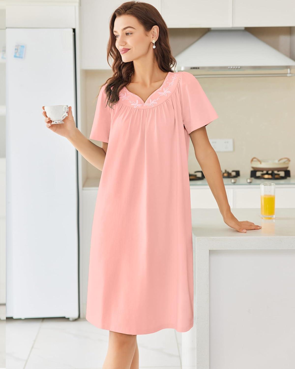 imageEkouaer Nightgowns for Women Cotton Nightgown House Dress with Pockets Short Sleeve Mumu Dress Embroidered Lounge DressLight Pink
