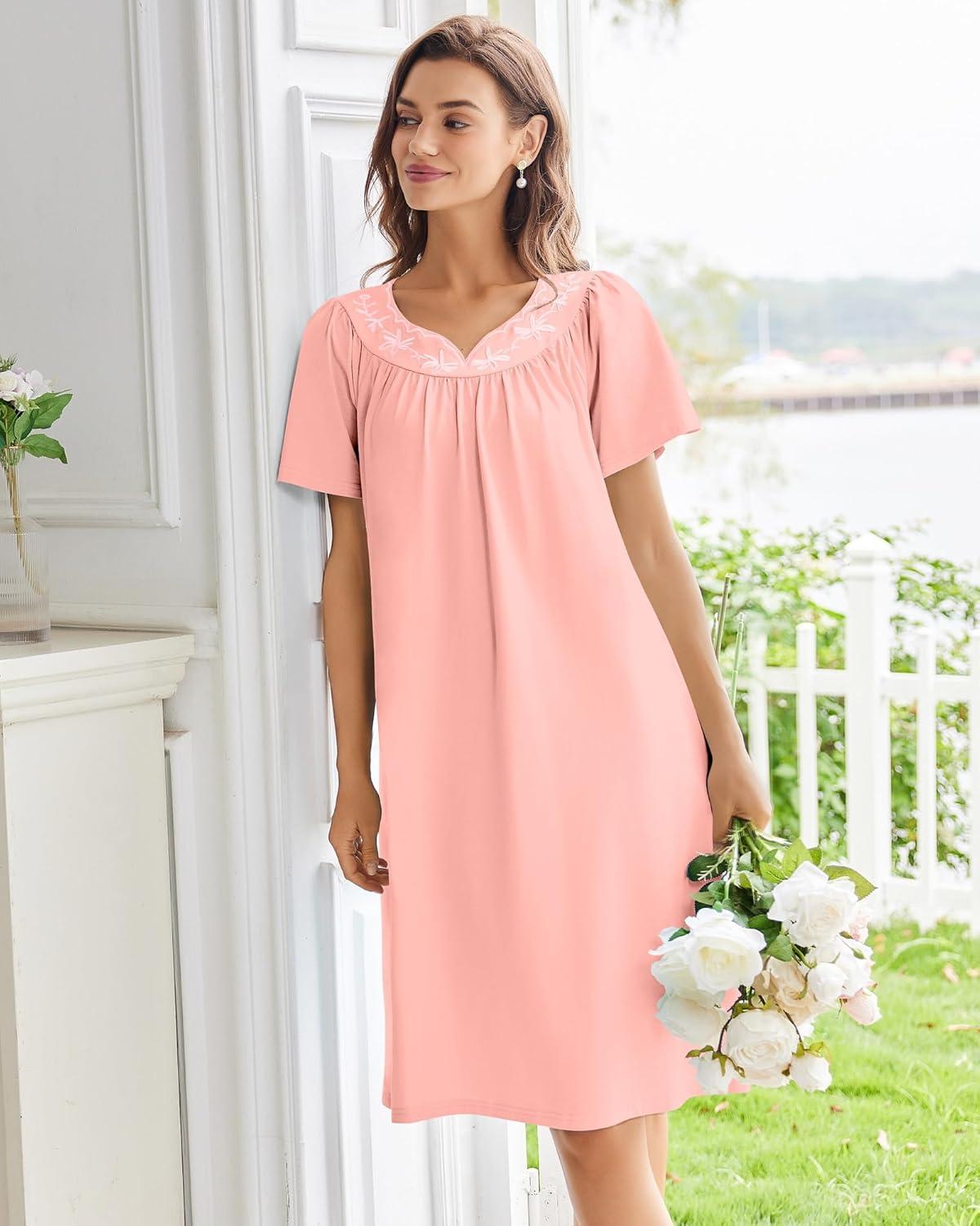 imageEkouaer Nightgowns for Women Cotton Nightgown House Dress with Pockets Short Sleeve Mumu Dress Embroidered Lounge DressLight Pink