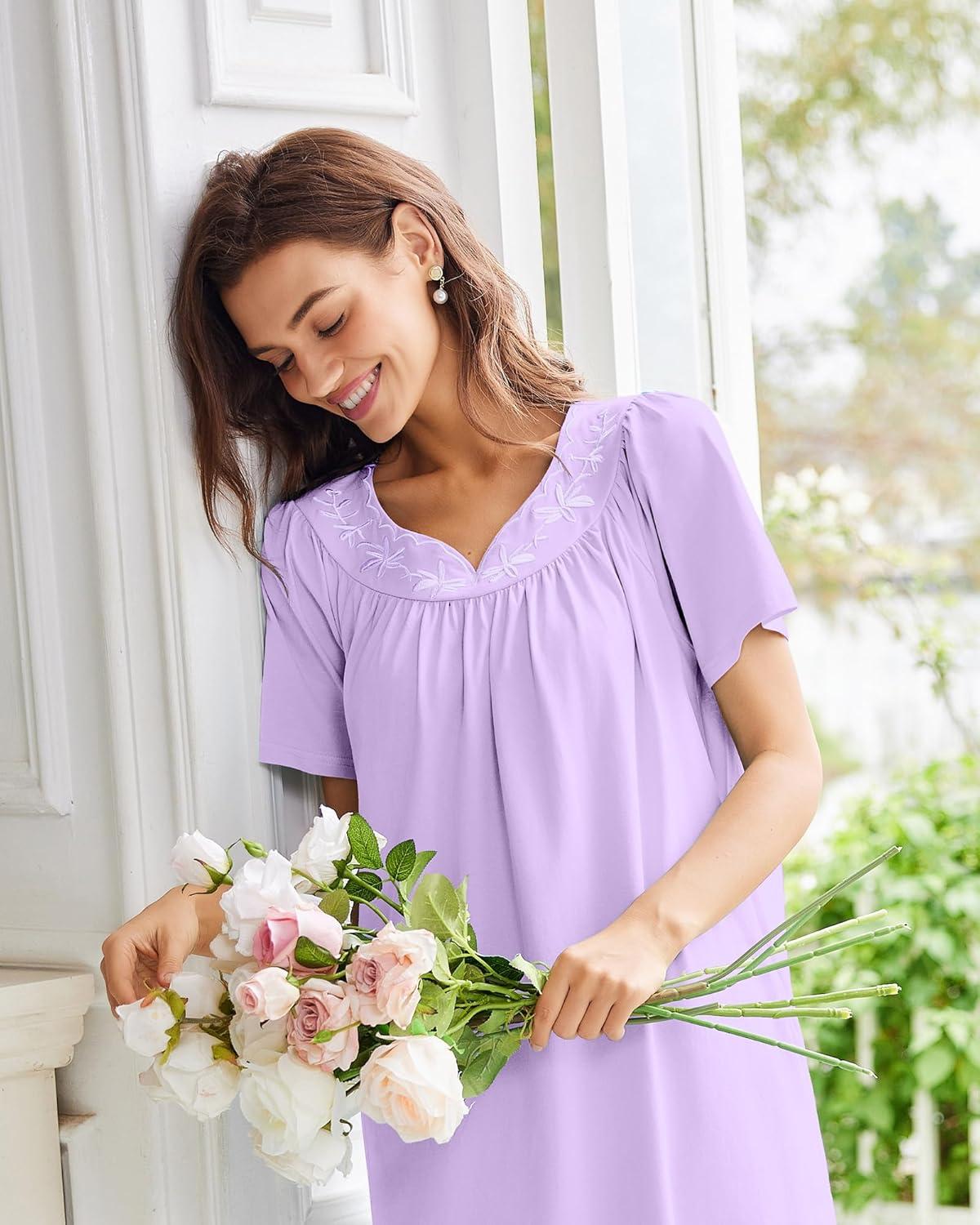 imageEkouaer Nightgowns for Women Cotton Nightgown House Dress with Pockets Short Sleeve Mumu Dress Embroidered Lounge DressLight Purple