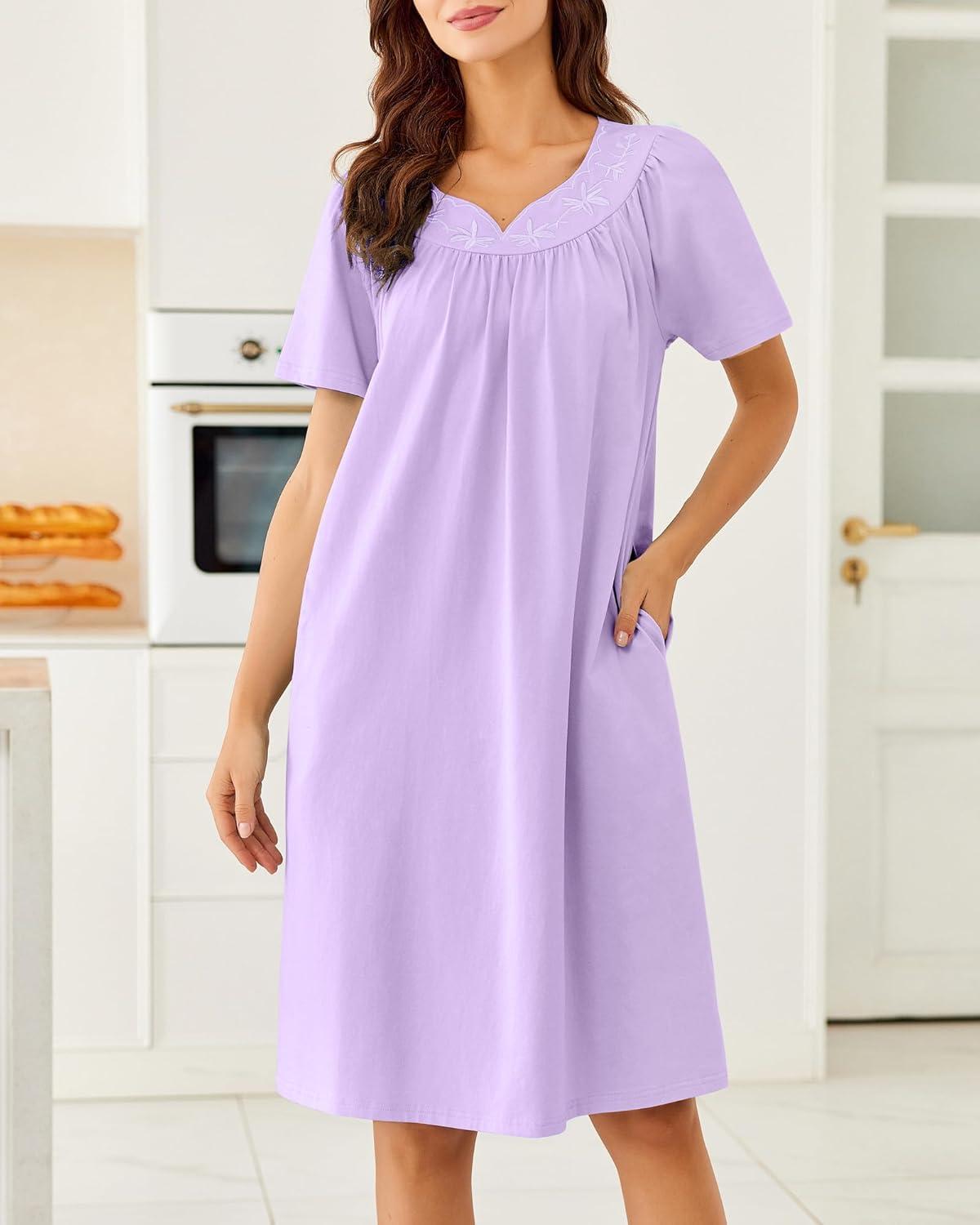 imageEkouaer Nightgowns for Women Cotton Nightgown House Dress with Pockets Short Sleeve Mumu Dress Embroidered Lounge DressLight Purple