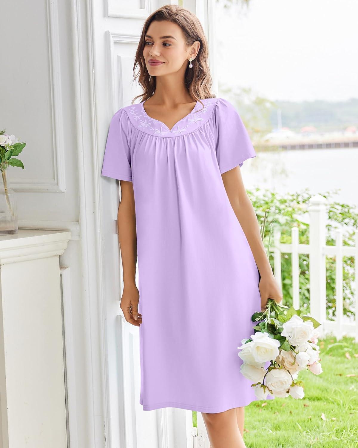 imageEkouaer Nightgowns for Women Cotton Nightgown House Dress with Pockets Short Sleeve Mumu Dress Embroidered Lounge DressLight Purple
