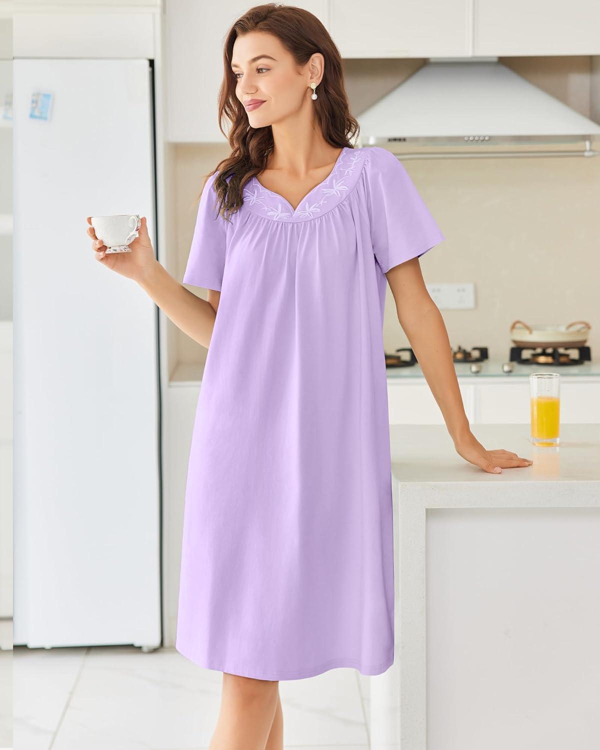imageEkouaer Nightgowns for Women Cotton Nightgown House Dress with Pockets Short Sleeve Mumu Dress Embroidered Lounge DressLight Purple