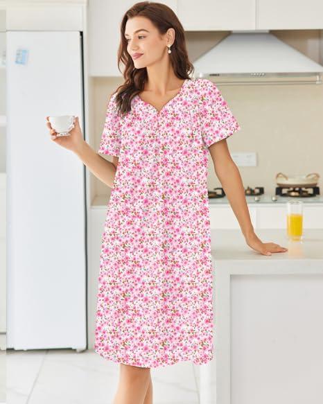 imageEkouaer Nightgowns for Women Cotton Nightgown House Dress with Pockets Short Sleeve Mumu Dress Embroidered Lounge DressPink Floral