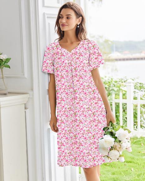 imageEkouaer Nightgowns for Women Cotton Nightgown House Dress with Pockets Short Sleeve Mumu Dress Embroidered Lounge DressPink Floral