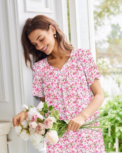 imageEkouaer Nightgowns for Women Cotton Nightgown House Dress with Pockets Short Sleeve Mumu Dress Embroidered Lounge DressPink Floral