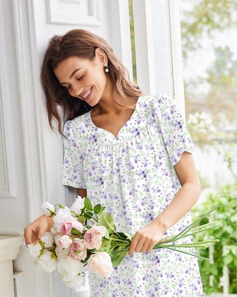 imageEkouaer Nightgowns for Women Cotton Nightgown House Dress with Pockets Short Sleeve Mumu Dress Embroidered Lounge DressPurple Floral