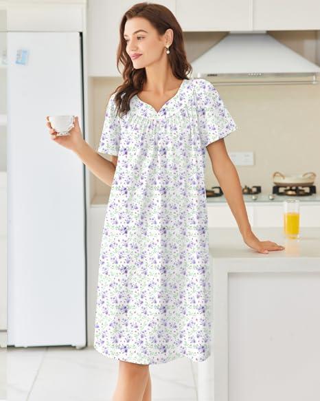 imageEkouaer Nightgowns for Women Cotton Nightgown House Dress with Pockets Short Sleeve Mumu Dress Embroidered Lounge DressPurple Floral