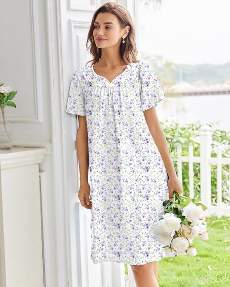 imageEkouaer Nightgowns for Women Cotton Nightgown House Dress with Pockets Short Sleeve Mumu Dress Embroidered Lounge DressPurple Floral