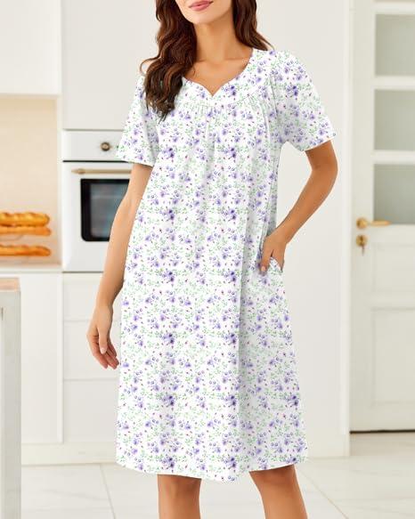 imageEkouaer Nightgowns for Women Cotton Nightgown House Dress with Pockets Short Sleeve Mumu Dress Embroidered Lounge DressPurple Floral