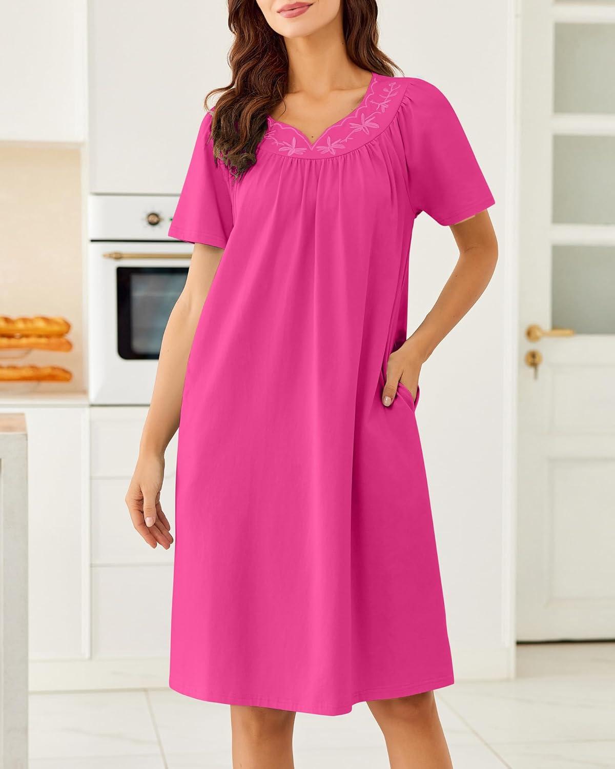 imageEkouaer Nightgowns for Women Cotton Nightgown House Dress with Pockets Short Sleeve Mumu Dress Embroidered Lounge DressRose Red