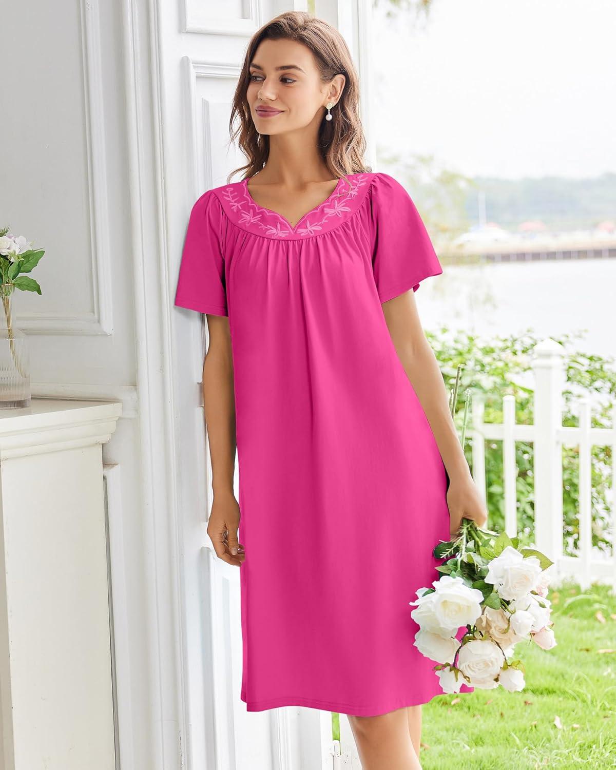 imageEkouaer Nightgowns for Women Cotton Nightgown House Dress with Pockets Short Sleeve Mumu Dress Embroidered Lounge DressRose Red