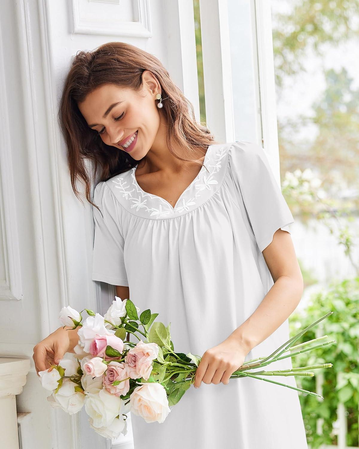 imageEkouaer Nightgowns for Women Cotton Nightgown House Dress with Pockets Short Sleeve Mumu Dress Embroidered Lounge DressWhite