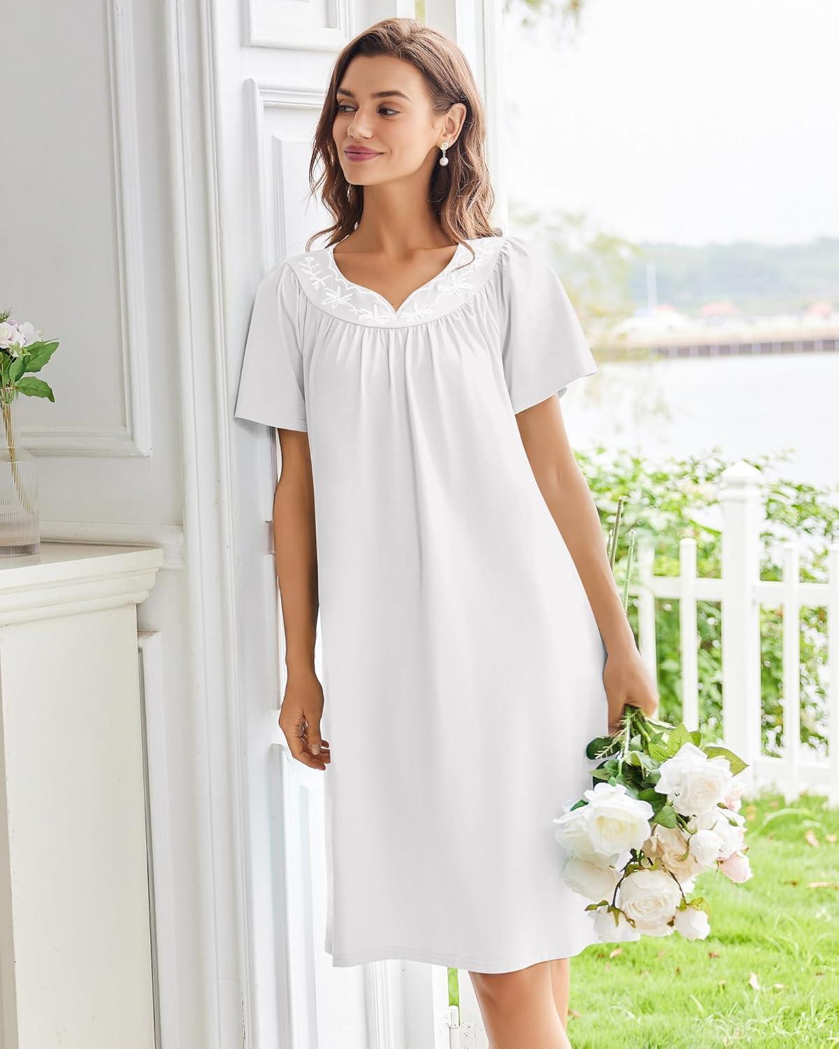 imageEkouaer Nightgowns for Women Cotton Nightgown House Dress with Pockets Short Sleeve Mumu Dress Embroidered Lounge DressWhite