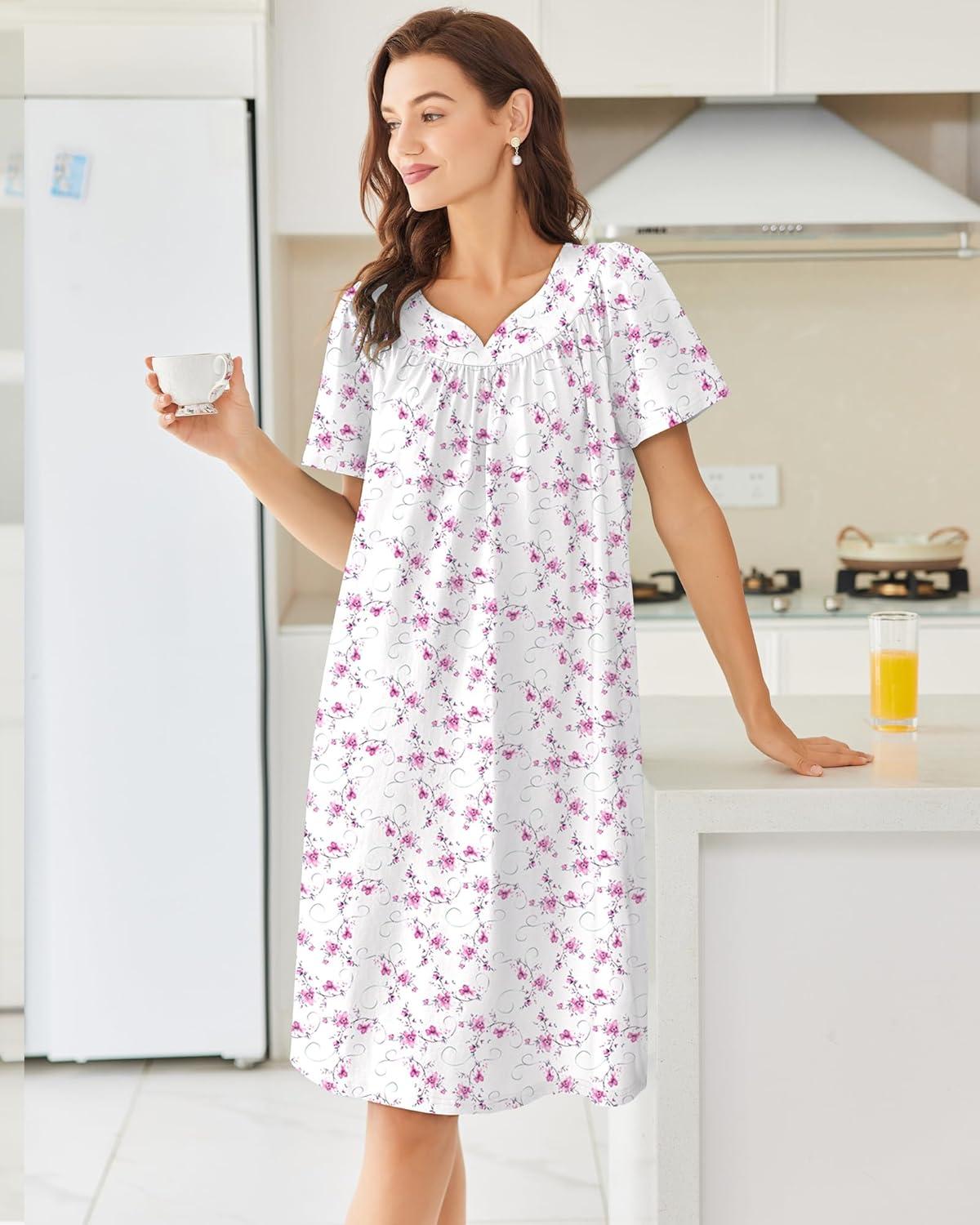 imageEkouaer Nightgowns for Women Cotton Nightgown House Dress with Pockets Short Sleeve Mumu Dress Embroidered Lounge DressWhite Floral