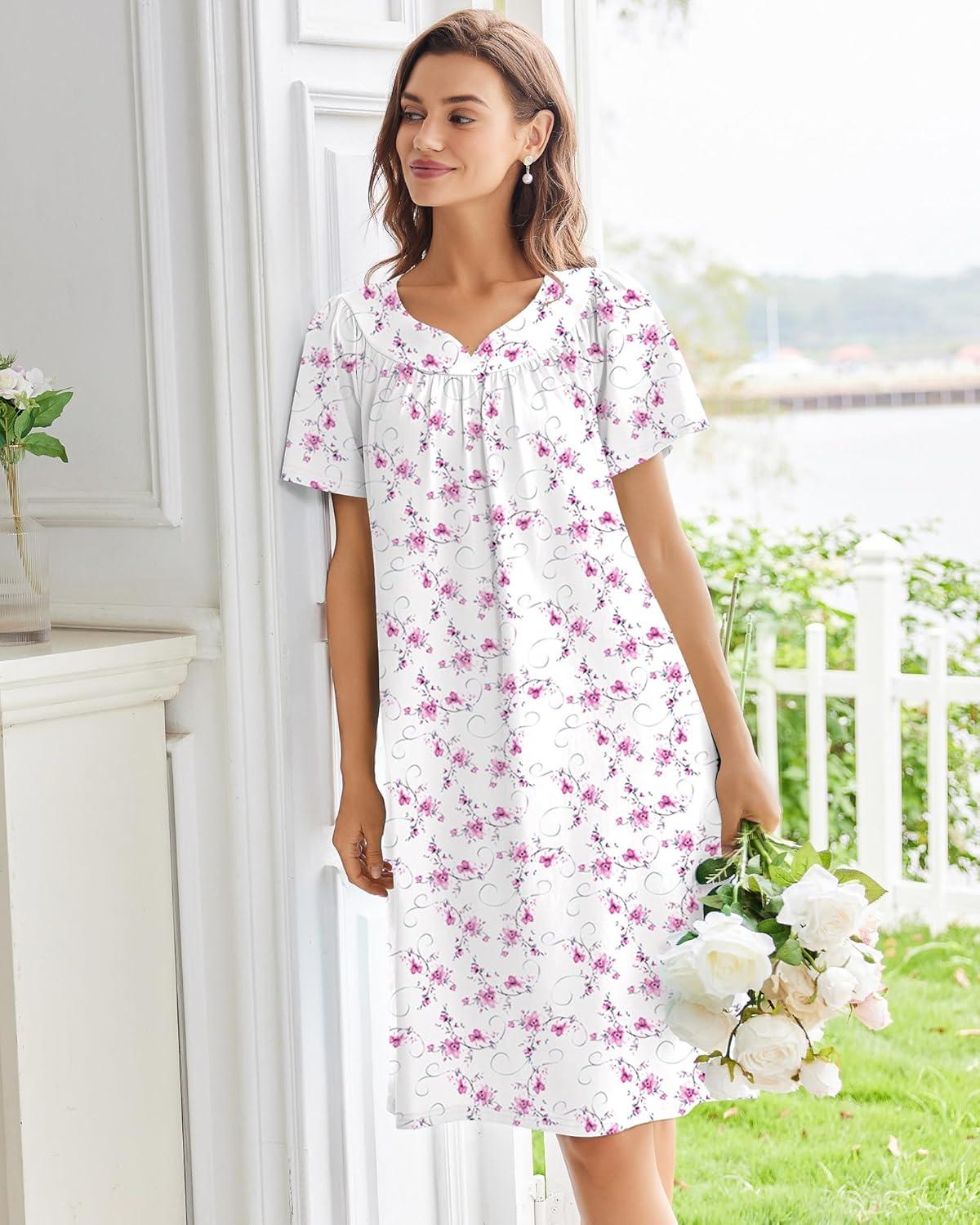 imageEkouaer Nightgowns for Women Cotton Nightgown House Dress with Pockets Short Sleeve Mumu Dress Embroidered Lounge DressWhite Floral
