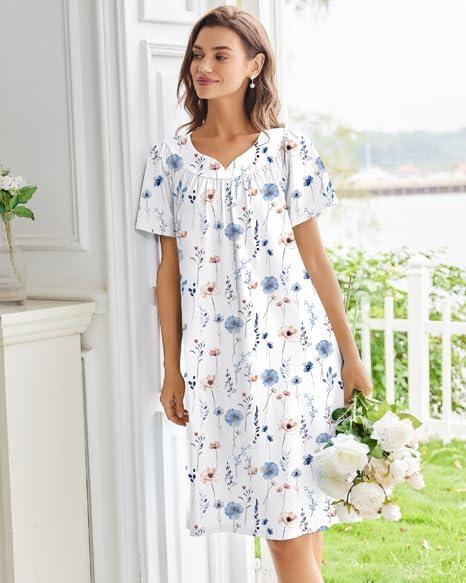 imageEkouaer Nightgowns for Women Cotton Nightgown House Dress with Pockets Short Sleeve Mumu Dress Embroidered Lounge DressWhite Flowers