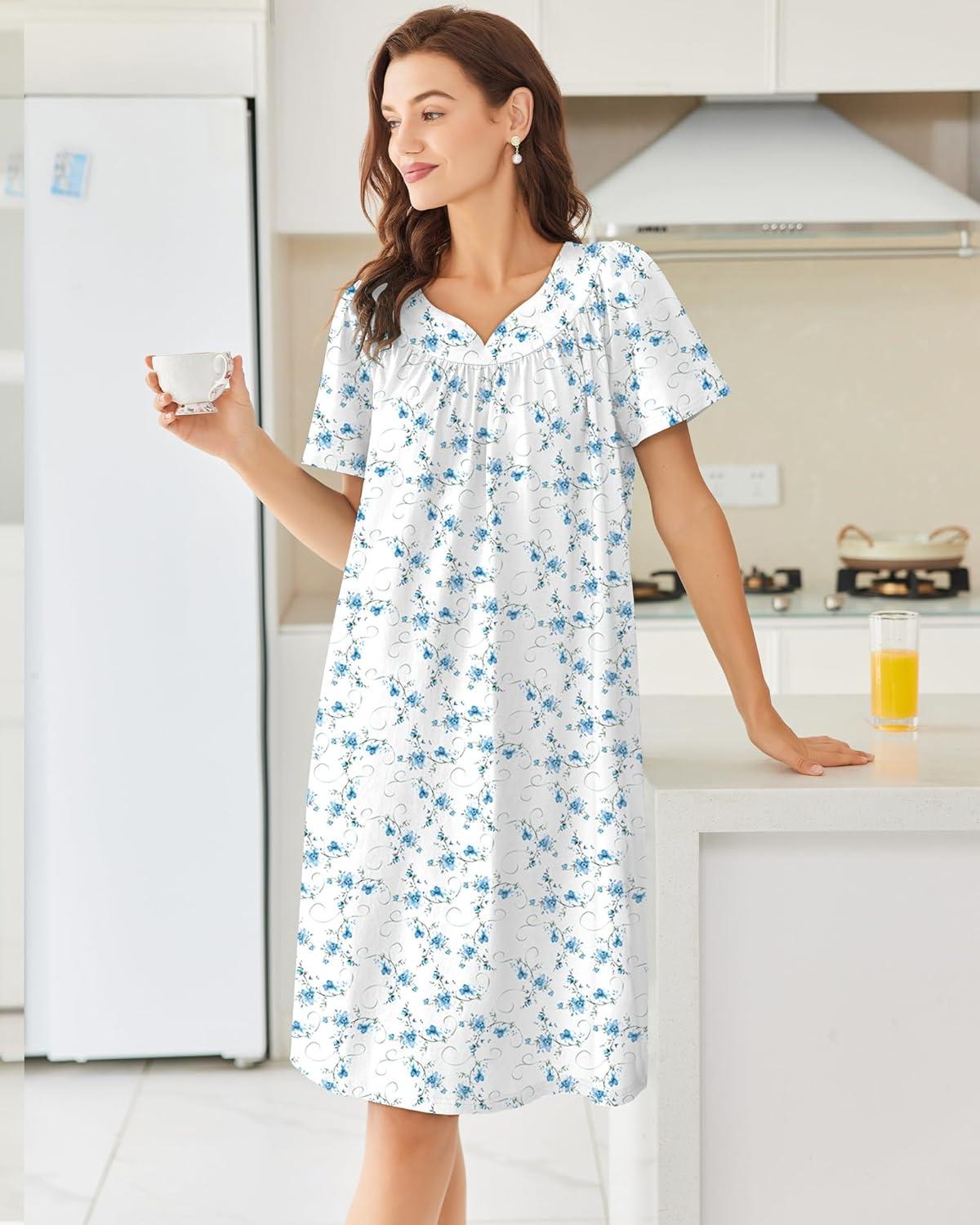 imageEkouaer Nightgowns for Women Cotton Nightgown House Dress with Pockets Short Sleeve Mumu Dress Embroidered Lounge DressWhite Water Painting