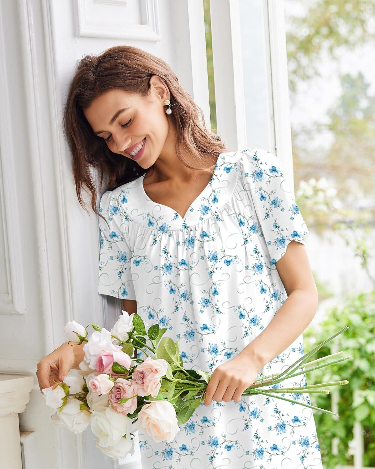 imageEkouaer Nightgowns for Women Cotton Nightgown House Dress with Pockets Short Sleeve Mumu Dress Embroidered Lounge DressWhite Water Painting