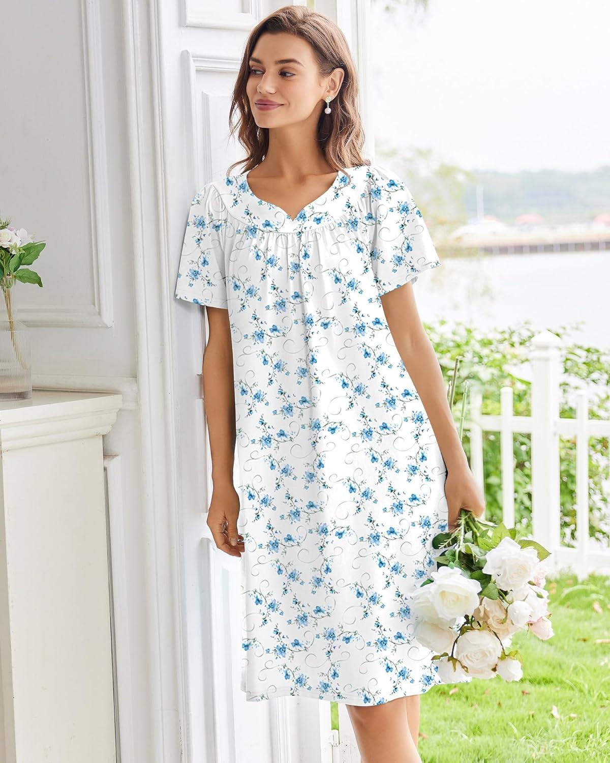 imageEkouaer Nightgowns for Women Cotton Nightgown House Dress with Pockets Short Sleeve Mumu Dress Embroidered Lounge DressWhite Water Painting