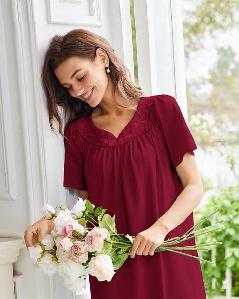 imageEkouaer Nightgowns for Women Cotton Nightgown House Dress with Pockets Short Sleeve Mumu Dress Embroidered Lounge DressWine Red
