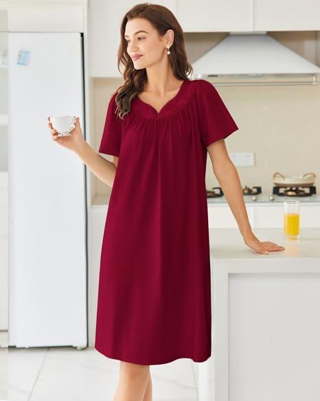 imageEkouaer Nightgowns for Women Cotton Nightgown House Dress with Pockets Short Sleeve Mumu Dress Embroidered Lounge DressWine Red