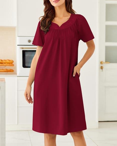 imageEkouaer Nightgowns for Women Cotton Nightgown House Dress with Pockets Short Sleeve Mumu Dress Embroidered Lounge DressWine Red