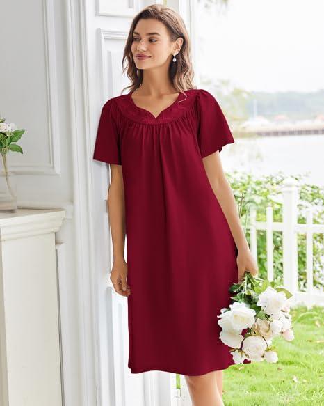 imageEkouaer Nightgowns for Women Cotton Nightgown House Dress with Pockets Short Sleeve Mumu Dress Embroidered Lounge DressWine Red