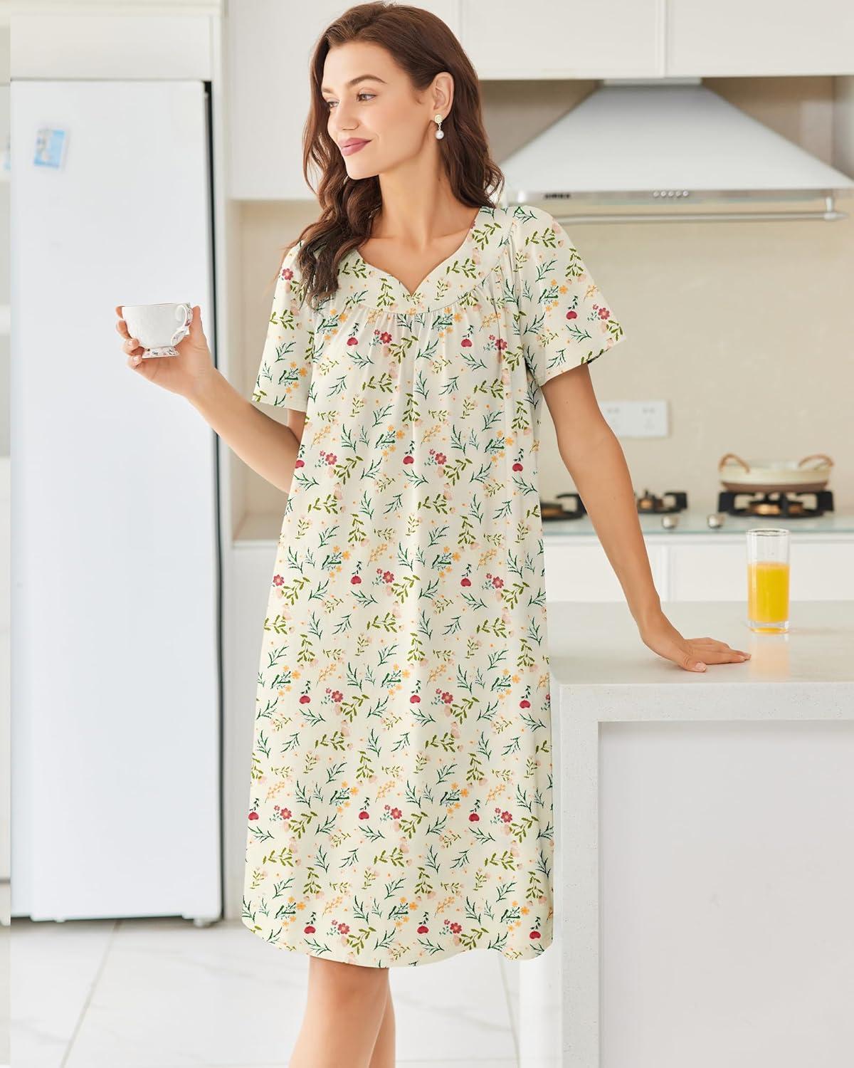 imageEkouaer Nightgowns for Women Cotton Nightgown House Dress with Pockets Short Sleeve Mumu Dress Embroidered Lounge DressYellow Floral