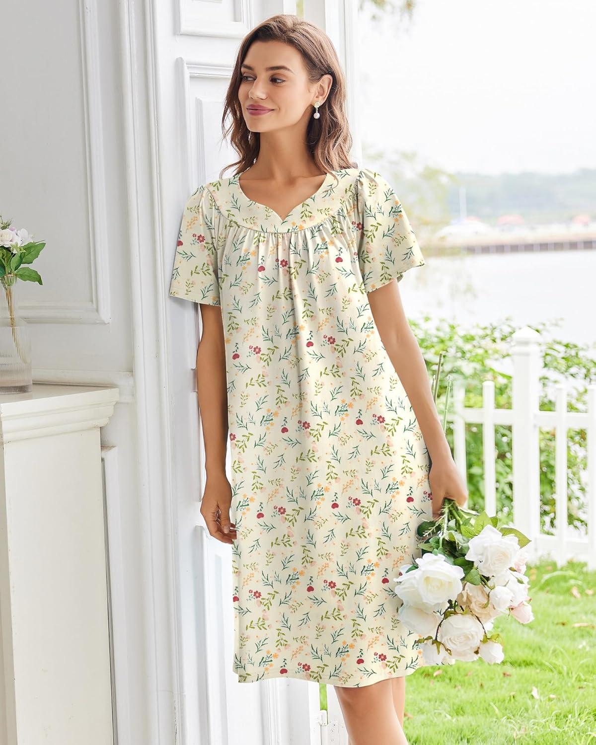 imageEkouaer Nightgowns for Women Cotton Nightgown House Dress with Pockets Short Sleeve Mumu Dress Embroidered Lounge DressYellow Floral