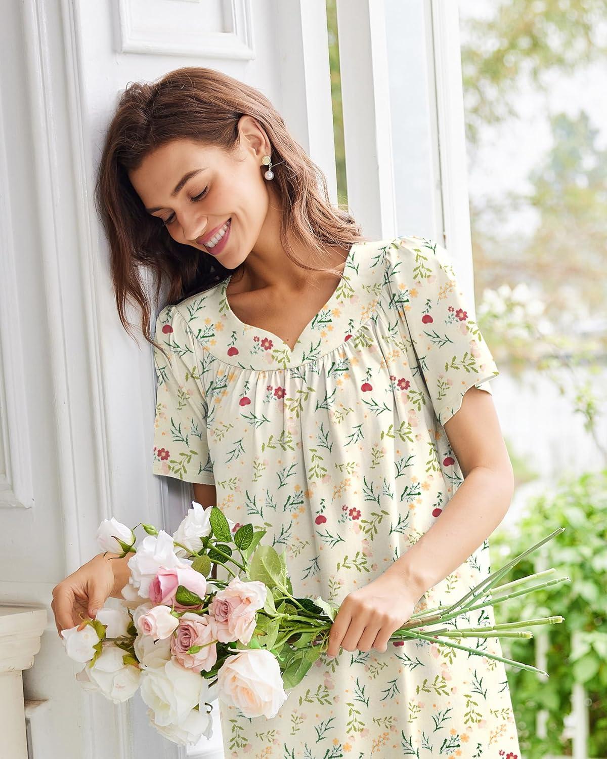 imageEkouaer Nightgowns for Women Cotton Nightgown House Dress with Pockets Short Sleeve Mumu Dress Embroidered Lounge DressYellow Floral