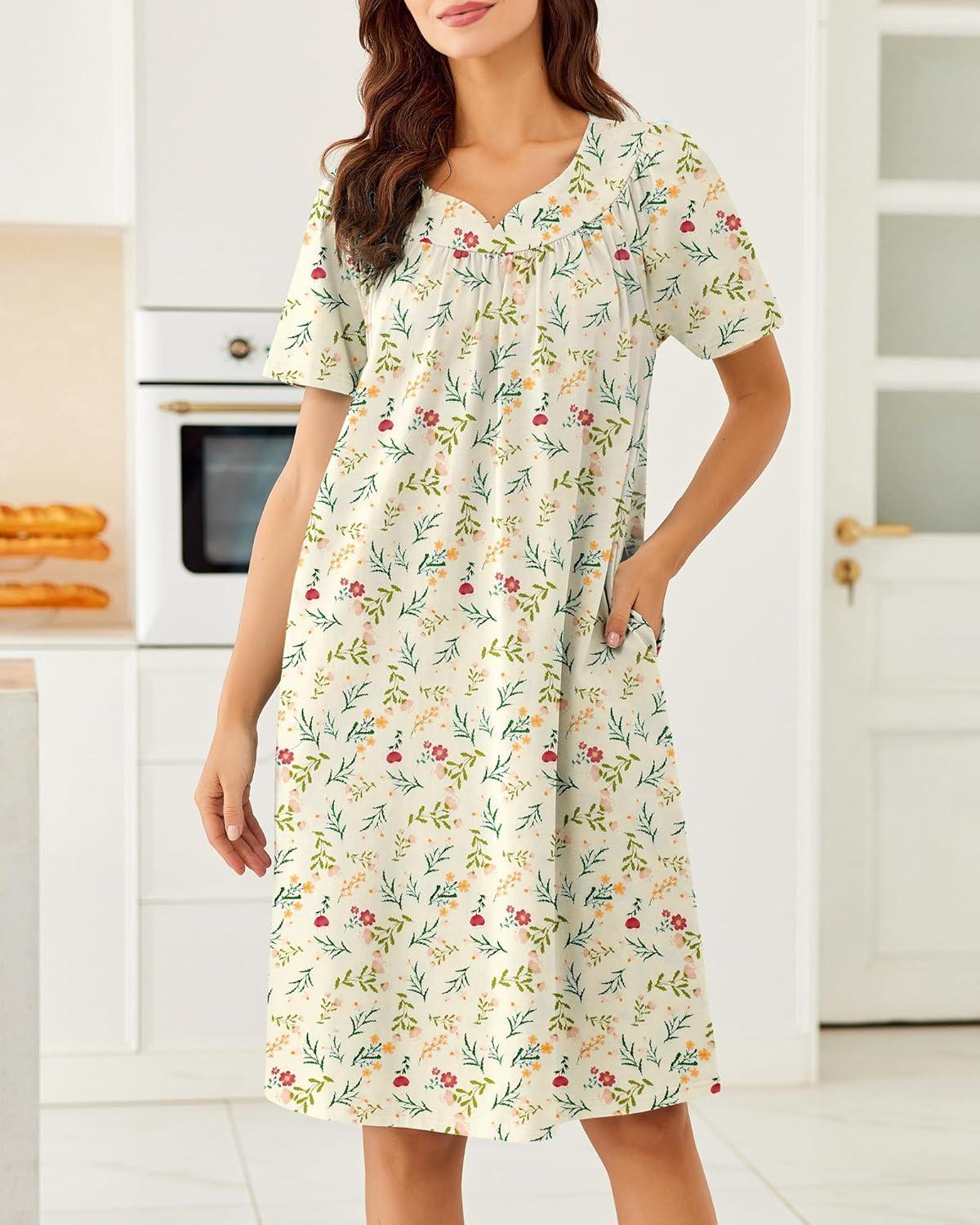 imageEkouaer Nightgowns for Women Cotton Nightgown House Dress with Pockets Short Sleeve Mumu Dress Embroidered Lounge DressYellow Floral