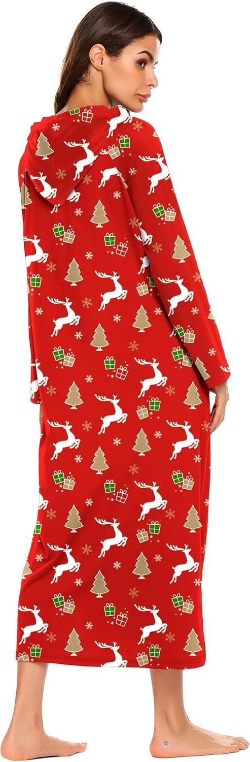 imageEkouaer Nightgowns for Women Cotton Nightgown Long Sleeve Hooded Night Gown Contrast Color Full Length Loungewear with PocketRed Christmas Deer