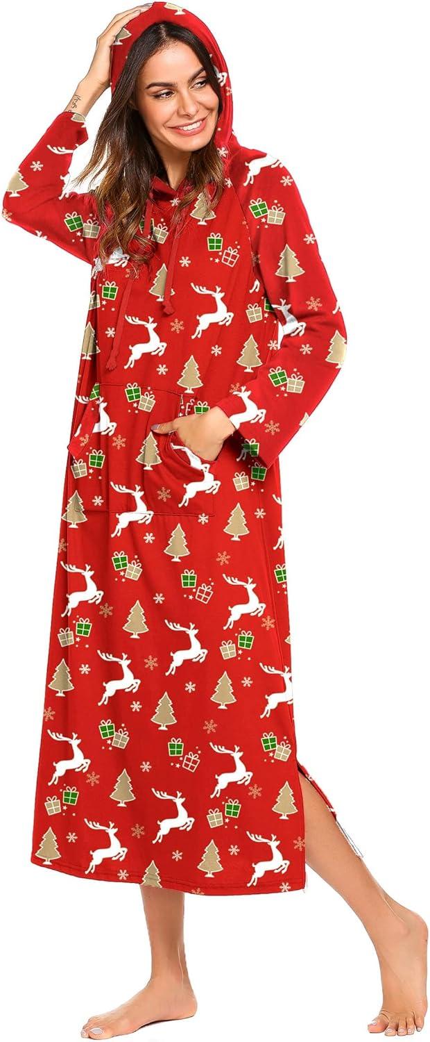 imageEkouaer Nightgowns for Women Cotton Nightgown Long Sleeve Hooded Night Gown Contrast Color Full Length Loungewear with PocketRed Christmas Deer