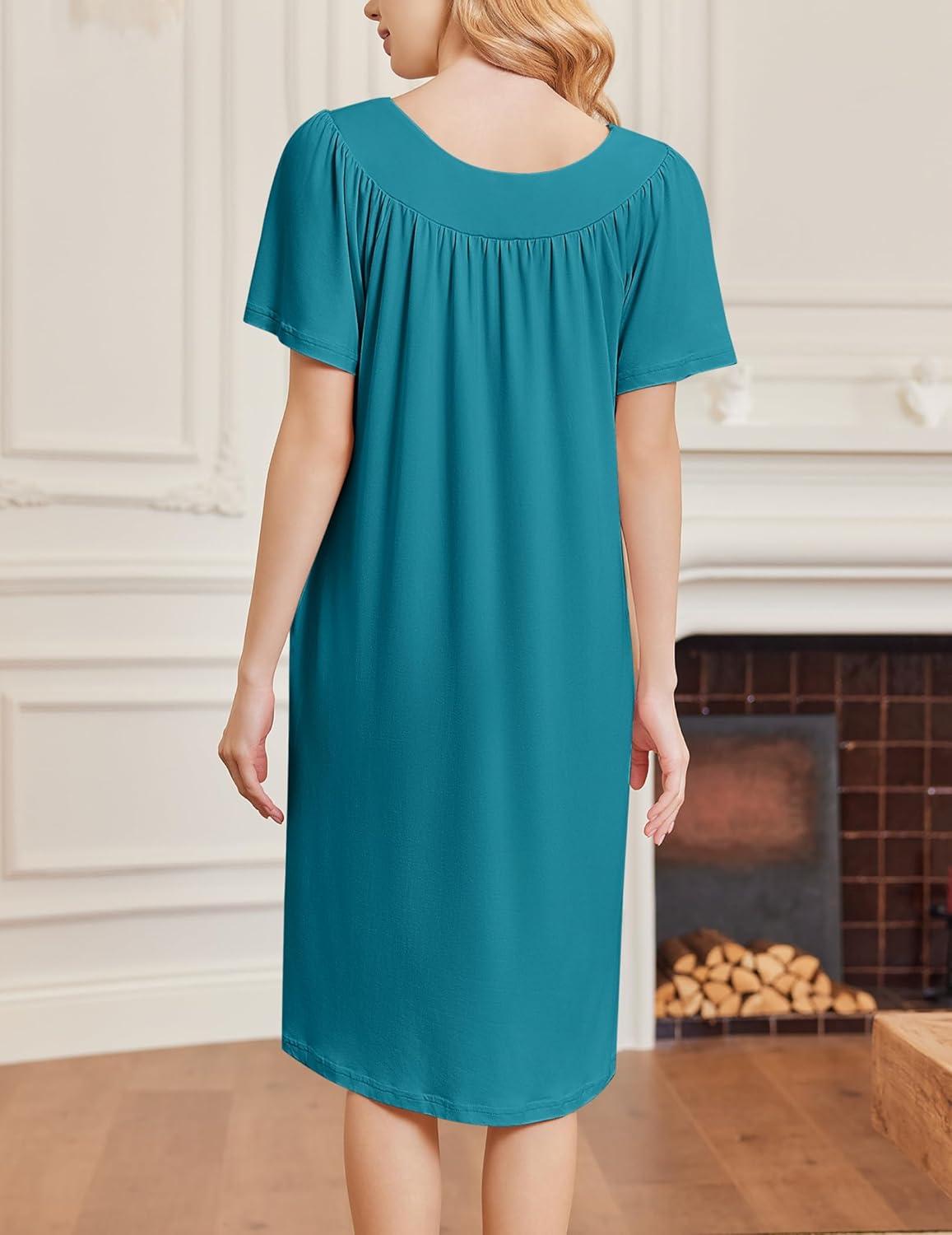 imageEkouaer Nightgowns for Women Short Sleeve House Dress with Pockets Soft Moomoo Pleated Mumu Dresses V Neck SleepwearBlue Green
