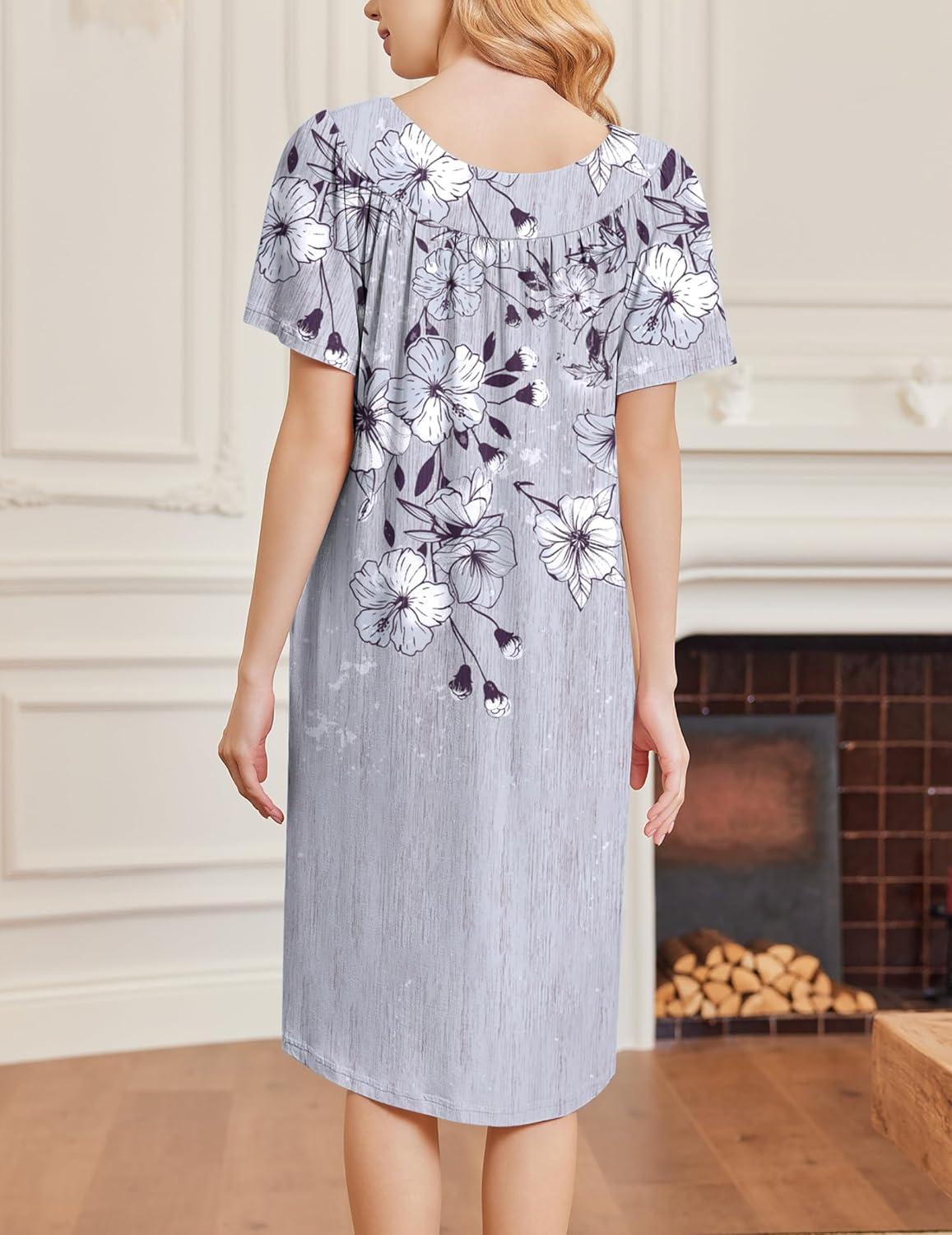 imageEkouaer Nightgowns for Women Short Sleeve House Dress with Pockets Soft Moomoo Pleated Mumu Dresses V Neck SleepwearGrey Floral