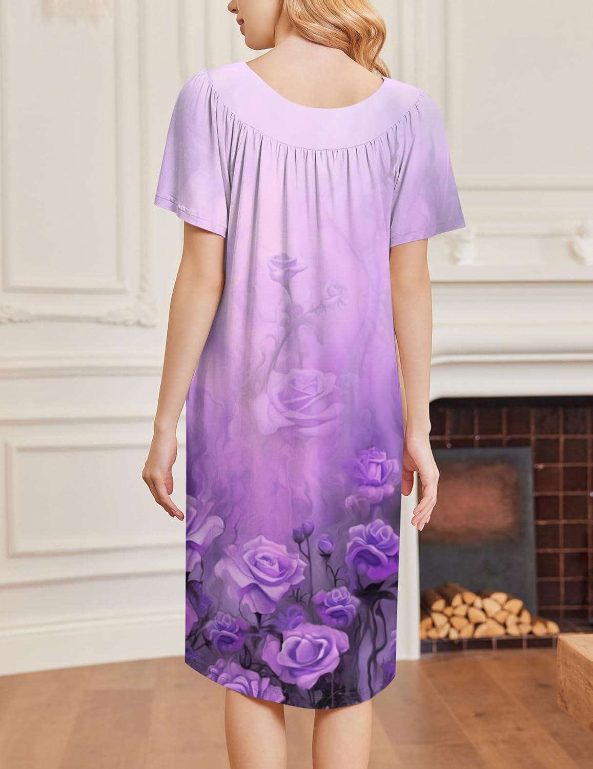 imageEkouaer Nightgowns for Women Short Sleeve House Dress with Pockets Soft Moomoo Pleated Mumu Dresses V Neck SleepwearLight Purple Flower