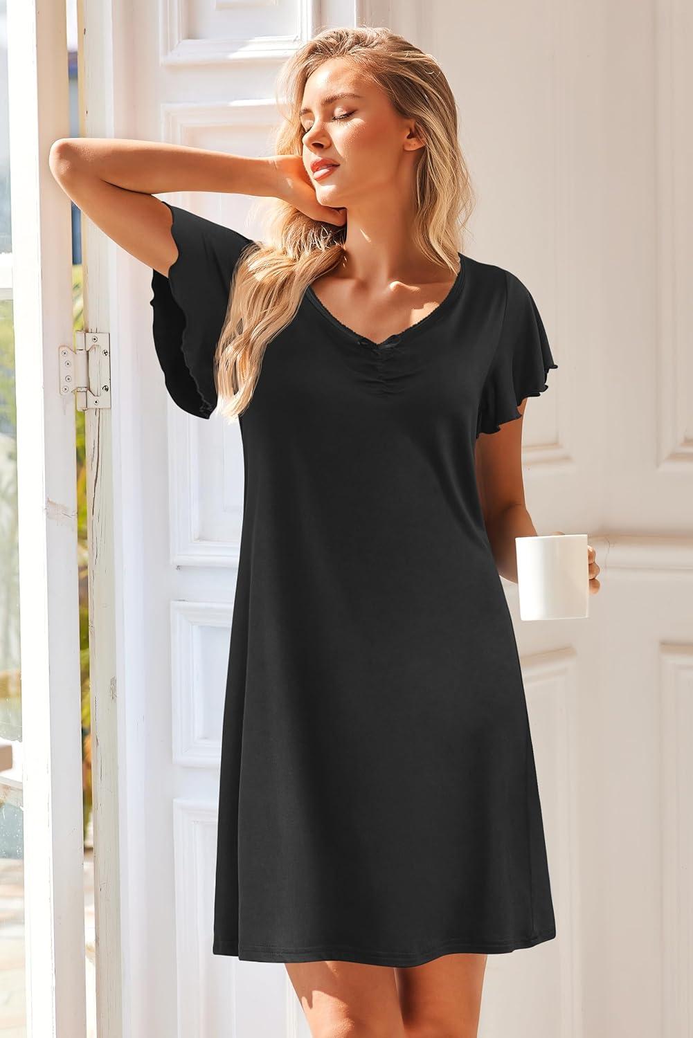 imageEkouaer Nightgowns for Women Short Sleeve Night Gown Comfy Sleep Shirt Soft Sleep Dress Pleated SleepwearAblack
