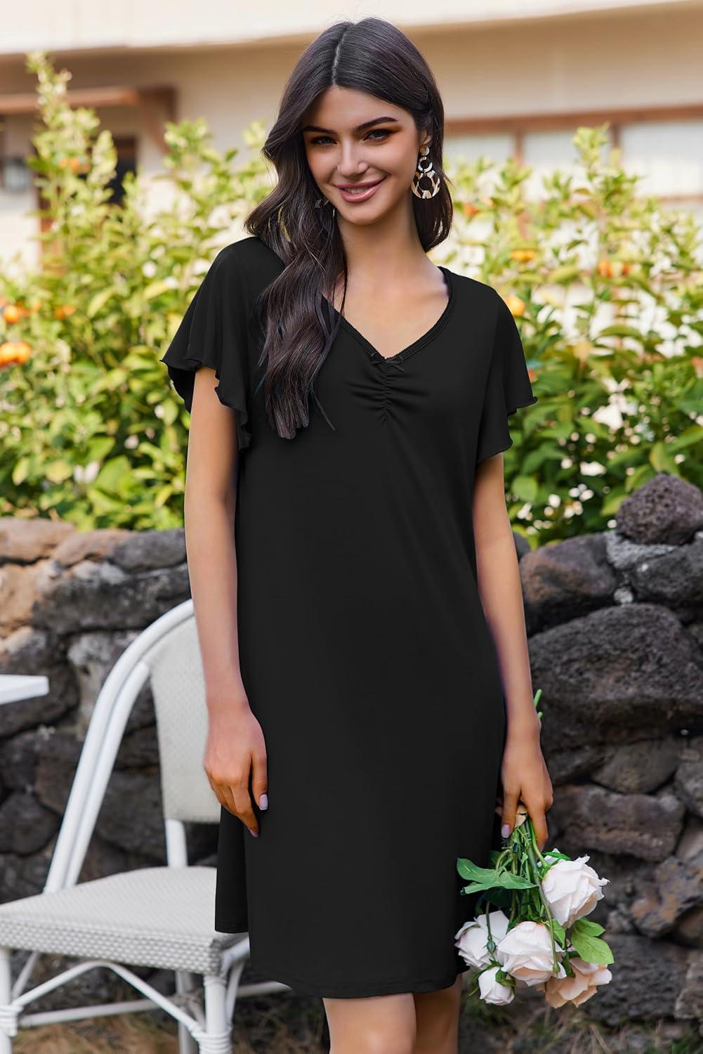 imageEkouaer Nightgowns for Women Short Sleeve Night Gown Comfy Sleep Shirt Soft Sleep Dress Pleated SleepwearAblack