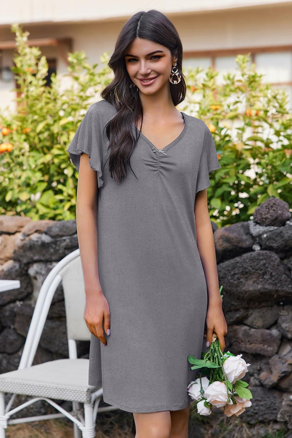 imageEkouaer Nightgowns for Women Short Sleeve Night Gown Comfy Sleep Shirt Soft Sleep Dress Pleated SleepwearAmedium Gray