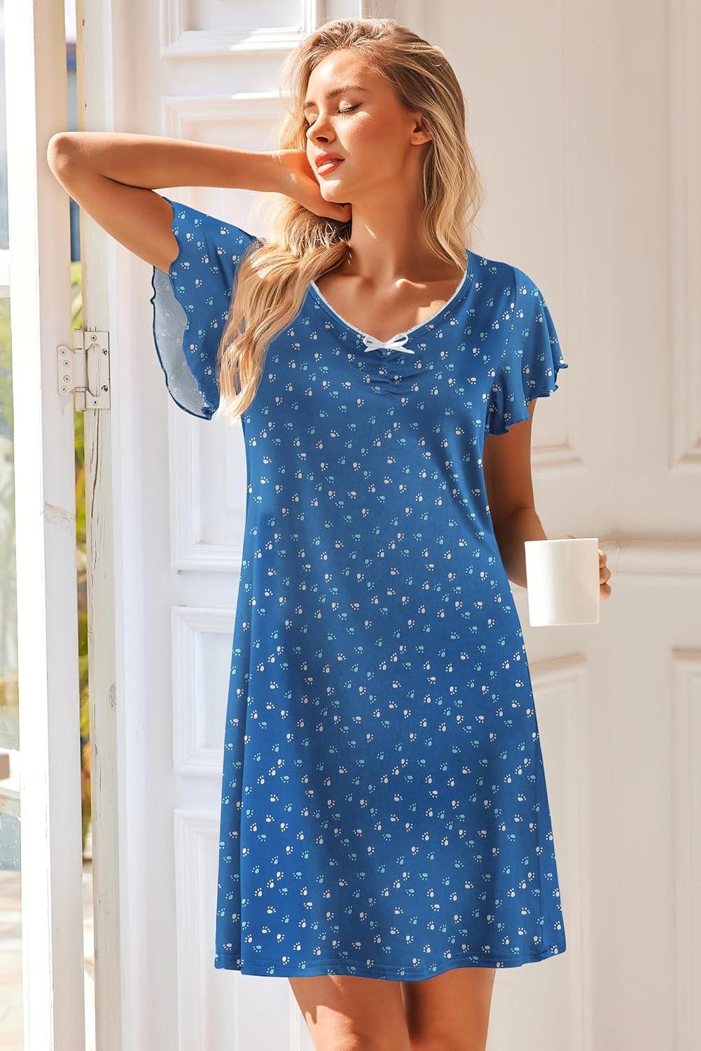 imageEkouaer Nightgowns for Women Short Sleeve Night Gown Comfy Sleep Shirt Soft Sleep Dress Pleated SleepwearBlue Dog Paw