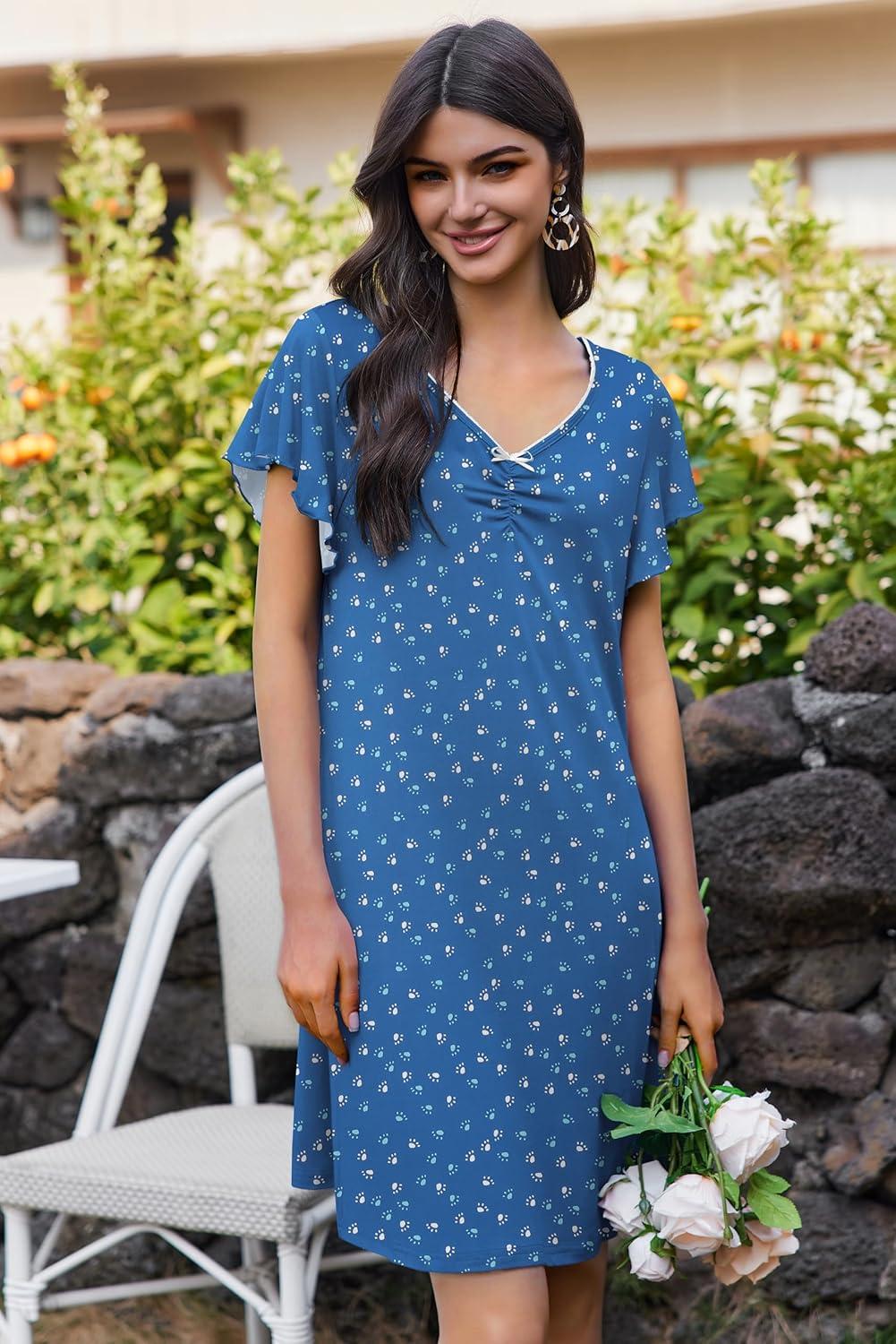 imageEkouaer Nightgowns for Women Short Sleeve Night Gown Comfy Sleep Shirt Soft Sleep Dress Pleated SleepwearBlue Dog Paw