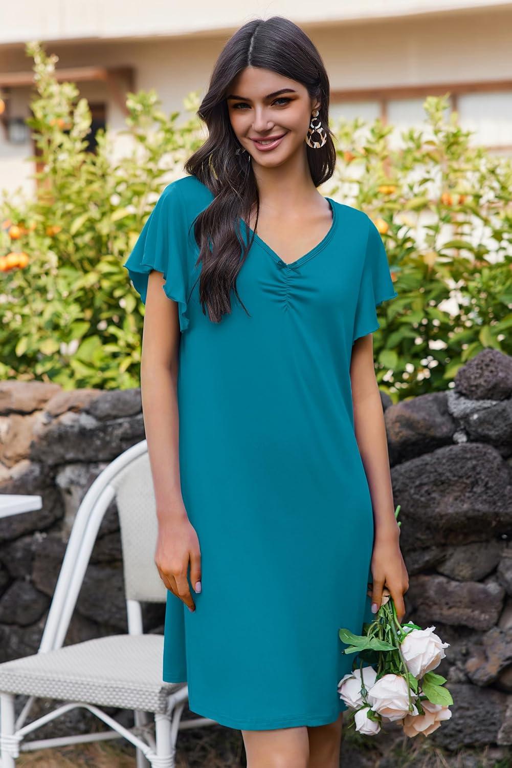 imageEkouaer Nightgowns for Women Short Sleeve Night Gown Comfy Sleep Shirt Soft Sleep Dress Pleated SleepwearBlue Green
