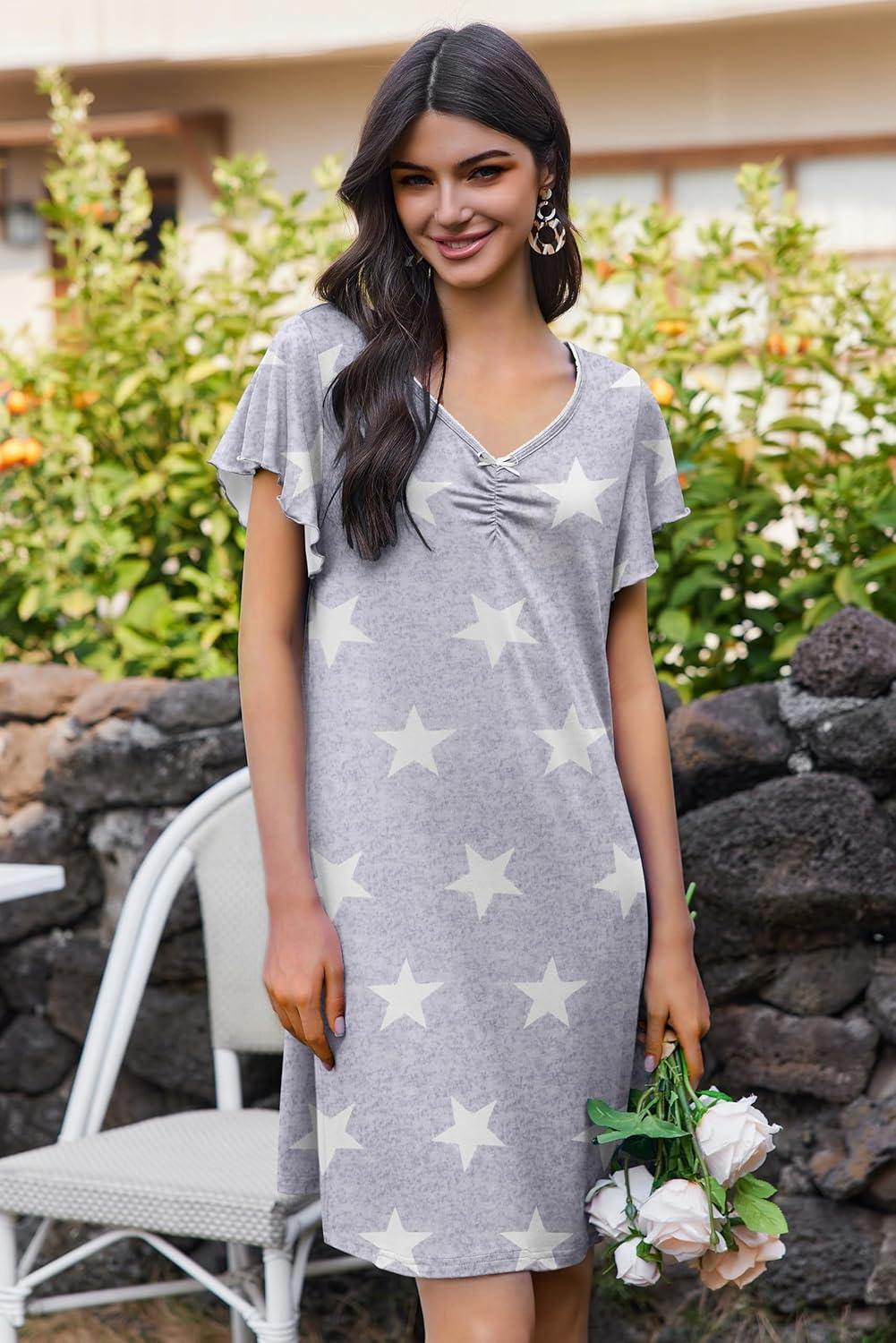 imageEkouaer Nightgowns for Women Short Sleeve Night Gown Comfy Sleep Shirt Soft Sleep Dress Pleated SleepwearGray Stars